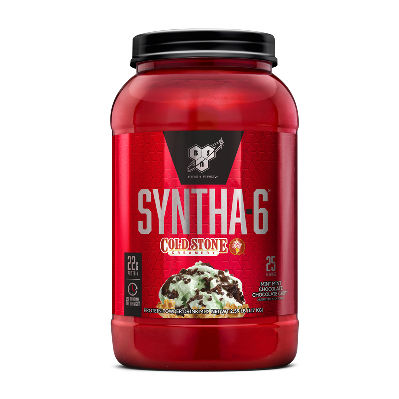 BSN Syntha-6 protein powder, 2.91 lbs container, Cold Stone Creamery Mint Mint Chocolate Chocolate Chip flavor.